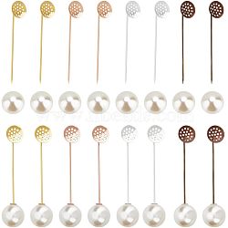 32 Sets 4 Colors Brass Brooch Pins Findings, Sieve Base Settings, with Plastic Imitation Pearl Beads, Round, Mixed Color, 67x15.6mm, Tray: 12mm, 8 Sets/color(KK-NB0002-73)