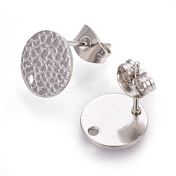 Non-Tarnish 304 Stainless Steel Ear Stud Findings, with Ear Nuts/Earring Backs and Hole, Textured Flat Round with Spot Lines, Stainless Steel Color, 10mm, Hole: 1.2mm, Pin: 0.8mm(STAS-O119-15A-P)