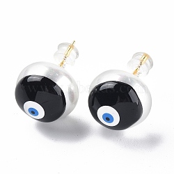 Natural Shell Evil Eye Stud Earrings with Enamel, Real 18K Gold Plated Brass Jewelry for Women, Black, 14mm, Pin: 0.8mm(EJEW-G334-06H)