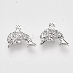 Brass Micro Pave Cubic Zirconia Charms, Nickel Free, Dolphin, Clear, Real Platinum Plated, 9x10.5x2.5mm, Hole: 0.9mm(X-KK-T048-041P-NF)