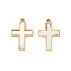 Ion Plating(IP) 304 Stainless Steel Pendants, Natural White Shell Cross Charms, Real 18K Gold Plated, 16.9x11.5x1.8mm, Hole: 1.4mm(STAS-S136-02G-01)