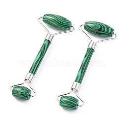 Synthetic Malachite Brass Face Massager, Facial Rollers, Platinum, 142~150x54~58x19~22mm(MRMJ-G009-43P)