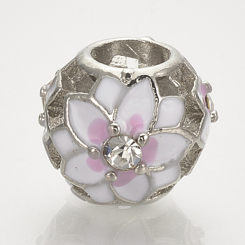 Alloy Enamel European Beads, with Rhinestones, Large Hole Beads, Hollow Barrel with Flower, Platinum, 12x10mm, Hole: 5mm