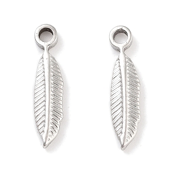 Non-Tarnish 304 Stainless Steel Pendants, Feather Charm, Stainless Steel Color, 15.5x4x2mm, Hole: 1.6mm