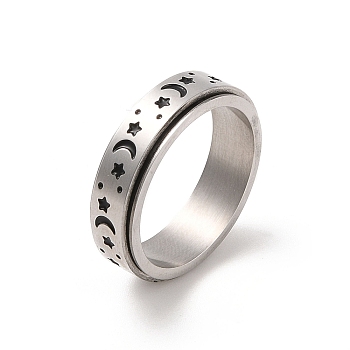 Rotatable 304 Stainless Steel Finger Ring,  Moon & Star, Stainless Steel Color, 6mm, Inner Diameter: 17.4mm