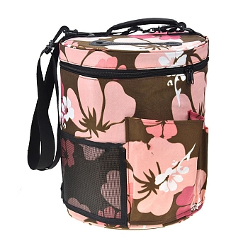 Flower Pattern Oxford Zipper Knitting Bucket Bag with Handle, Yarn Storage Organizer, Crochet Hooks & Knitting Needles Bag, Pink, 27.5x32.5cm