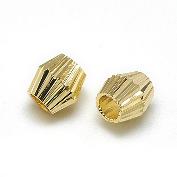 Brass Corrugated Beads, Bicone, Real 18K Gold Plated, 4x4mm, Hole: 1mm