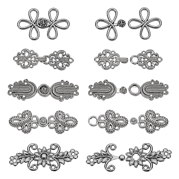 WADORN 10Pcs 5 Styles Zinc Alloy Snap Lock Clasps, Closure Sewing Fasteners for Garment Accessories, Black, 15~25x38~50x2.2~3.5mm, Hole: 1.4~8mm, 2pcs/style