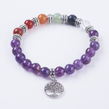 Natural Amethyst Stretch Bracelets, with Mixed Stone, Alloy Findings and Brass Pendants, Flat Round with Tree of Life, Antique Silver, t 2-1/8 inch(54mm)