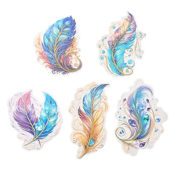 5Pcs 5 Styles Feather Waterproof PET Stickers Sets, Adhesive Decals for DIY Scrapbooking, Photo Album Decoration, Colorful, 93~120x62~85x0.2mm, 1pc/style