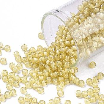 TOHO Round Seed Beads, Japanese Seed Beads, (948) Inside Color Amber/Cream Lined, 8/0, 3mm, Hole: 1mm, about 222pcs/10g