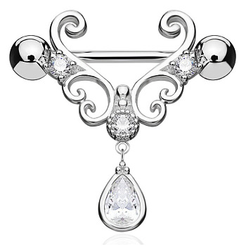 316L Surgical Stainless Steel Clear Cubic Zirconia Teardrop Nipple Stirrup, Platinum, 14mm, Pin: 1.6mm