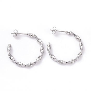 201 Stainless Steel Wave C-shape Stud Earrings with 304 Stainless Steel Pins, Half Hoop Earrings for Women, Stainless Steel Color, 26.5x26.5x3mm, Pin: 0.8mm