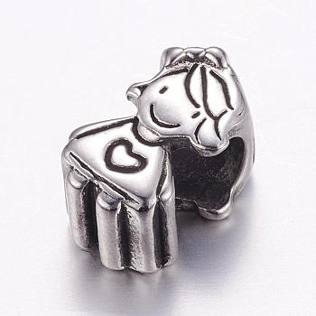 304 Stainless Steel European Beads, Large Hole Beads, Girl, Antique Silver, 13x7.5x7mm, Hole: 5mm