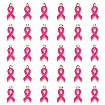 Alloy Enamel Pendants, October Breast Cancer Pink Awareness Ribbon Shape, Light Gold Plated, Deep Pink, 20x10x2mm, Hole: 2mm