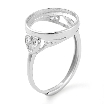 Flat Round Adjustable 925 Sterling Silver Ring Components, Open Bezel Setting, Real Platinum Plated, US Size 6 3/4(17.1mm)