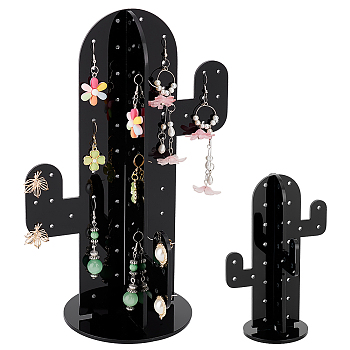 Elite 2 Sets 2 Styles Cactus Acrylic Earring Display Stands, Jewelry Organizer Holder for Earring Storage, Black, 7.9~17.5x8.6~16.3x12.55~24.65cm, Hole: 2.5mm, 1 set/style