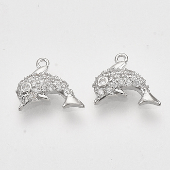 Brass Micro Pave Cubic Zirconia Charms, Nickel Free, Dolphin, Clear, Real Platinum Plated, 9x10.5x2.5mm, Hole: 0.9mm