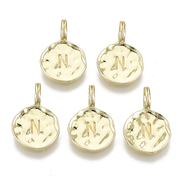 Alloy Pendants, Cadmium Free & Nickel Free & Lead Free, Flat Round with Letter, Real 18K Gold Plated, Letter.N, 17x11.5x1.5mm, Hole: 2.5mm