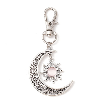 Moon & Sun Alloy Pendant Decorations, Cat Eye and Alloy Swivel Lobster Claw Clasps Charm, Antique Silver & Platinum, Misty Rose, 73mm