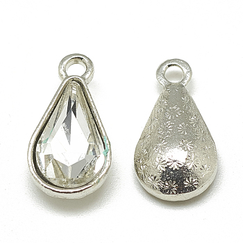 Alloy Glass Pendants, Faceted, teardrop, Platinum, Clear, 18x10x5mm, Hole: 2mm