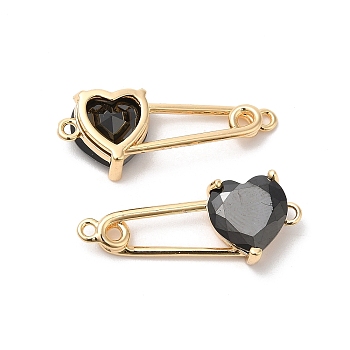 Heart Shaped Glass Connector Charms, Real 18K Gold Plated Brass Safety Pin Links, Black, 11x28.5x5.8mm, Hole: 1.4mm