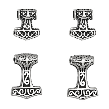 4Pcs 2 Style 304 Stainless Steel Pendants, Thor's Hammer, Antique Silver, 20~29.5x17~21x6~7mm, Hole: 3.5~4mm, 2pcs/style