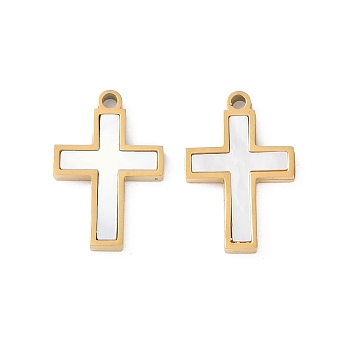 Ion Plating(IP) 304 Stainless Steel Pendants, Natural White Shell Cross Charms, Real 18K Gold Plated, 16.9x11.5x1.8mm, Hole: 1.4mm