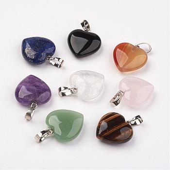 Mixed Stone Pendants, Heart, with Brass Findings, Platinum, 22~23x20~20.5x6~7.5mm, Hole: 5x8mm