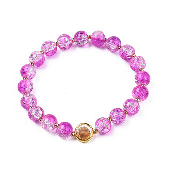 Round Glass Beaded Stretch Bracelet with Gold Plated Brass Ring for Women, Violet, Inner Diameter: 2 inch(5cm)