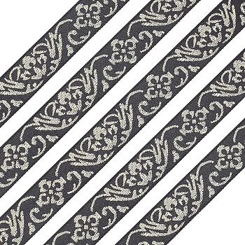 Ethnic Style Embroidery Polycotton Ribbons, Jacquard Ribbon, Tyrolean Ribbon, with Flower Pattern, Garment Accessories, Black, 3/4 inch(20.5mm), about 20yard/card