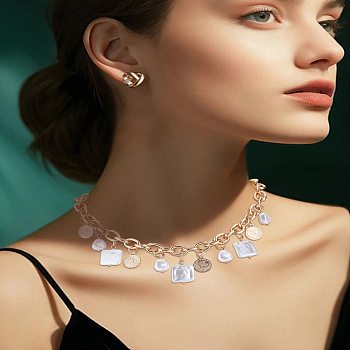 1Pc Alloy Coin & ABS Plastic Imitation Pearl Square Bib Necklaces, White, Golden, 15.04 inch(38.2cm)
