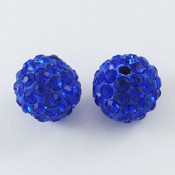 Pave Disco Ball Beads, Polymer Clay Rhinestone Beads, Round, Sapphire, 10mm, Hole: 1.5mm