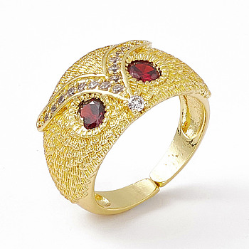 Cubic Zirconia Owl Open Cuff Rings, Golden Brass Jewelry for Women, Red, US Size 6 1/2(16.9mm)