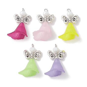10Pcs Acrylic Glass Beads Pendants, with Platinum Alloy Loops, Flower with Butterfly, Mixed Color, 31x18x18mm, Hole: 2.5mm