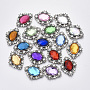 Alloy Cabochons, with Faceted Acrylic Rhinestone and Crystal Rhinestone, Rhombus, Antique Silver, Mixed Color, 32.5x25.5x5mm