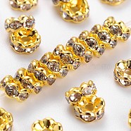Brass Rhinestone Spacer Beads, Wavy Edge, Crystal, Nickel Free, Golden, 4x2mm, Hole: 1mm(RSB031NF-01G)