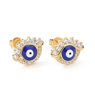 Enamel Evil Eye Stud Earrings with Clear Cubic Zirconia, Brass Jewelry for Women, Golden, 10.5x13.5mm, Pin: 0.6mm(EJEW-G343-02G)