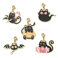 Halloween Theme Cat Alloy Enamel Pendant Decorations, with Golden Tone 304 Stainless Steel Lobster Claw Clasps, Mixed Color, 30~40mm(HJEW-JM01135)