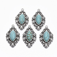 Tibetan Style Alloy Pendants, with Synthetic Turquoise, Cadmium Free & Lead Free, Rhombus Flower, Antique Silver, 37.5x22x7.5mm, Hole: 1.8mm(PALLOY-R113-010-RS)