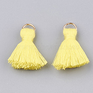 Polycotton(Polyester Cotton) Tassel Pendant Decorations, with Iron Findings, Light Gold, Yellow, 20~30x7~8mm, Hole: 5mm(X-FIND-S280-14)
