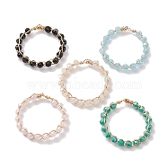 Glass Beads Finger Ring, with Copper Wire, Mixed Color, 3.8mm, US Size 7 1/4(17.5mm)(RJEW-JR00677)