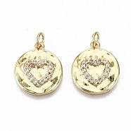 Brass Micro Pave Clear Cubic Zirconia Pendants, with Jump Rings, Nickel Free, Flat Round with Heart, Real 16K Gold Plated, 17x15x2mm, Jump Ring: 5x0.8mm, 3.4mm inner diameter(ZIRC-S067-138-NF)