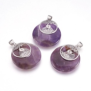 Natural Amethyst Pendants, with Platinum Tone Brass Findings, Flat Round with Tree of Life, 32x28x6mm, Hole: 4x5mm(KK-F751-B17)