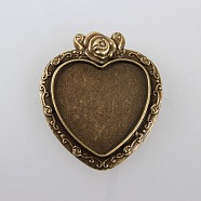 Valentines Gifts Ideas Alloy Carved Rose Pendant Cabochon Bezel Settings, Cadmium Free & Nickel Free & Lead Free, Antique Bronze, Heart Tray: 25x23mm, 38x33x2mm, Hole: 2mm(X-TIBEP-M018-112AB-NF)