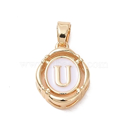 304 Stainless Steel Enamel Pendants, Oval with Letter, Golden, White, Letter.U, 15.5x11.5x4mm, Hole: 4.5x2.5mm(STAS-H174-03U)
