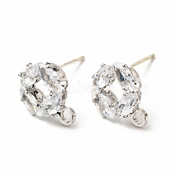 Brass Micro Pave Clear Cubic Zirconia Stud Earring Findings, with Loop, Flat Round, Platinum, 11.5x9.5mm, Hole: 1.8mm, Pin: 0.7mm(ZIRC-K087-20P)