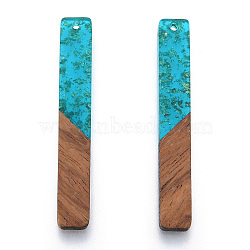 Transparent Resin & Walnut Wood Big Pendants, with Gold Foil, Rectangle Charm, Medium Turquoise, 51.5x7.5x3mm, Hole: 1.8mm(RESI-N025-034-A04)