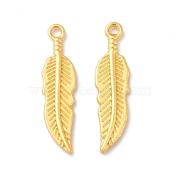 Rack Plating Alloy Pendants, Cadmium Free & Lead Free & Nickle Free, Feather Charm, Matte Gold Color, 30x7.5x1.5mm, Hole: 2mm(FIND-I036-03MG)