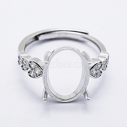 925 Sterling Silver Finger Ring Components, with Cubic Zirconia, Adjustable, Heart, Platinum, Size 7(17mm), 2mm wide, Tray: 10x13mm(STER-G027-04P)